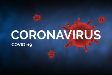 Blue background with red virus molecules and white text mentioning "Coronavirus COVID-19"