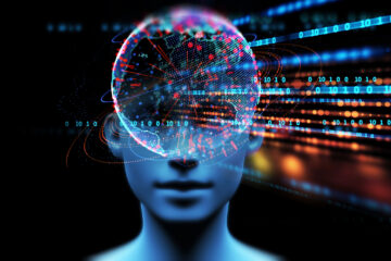 Concept image illustrating artificial intelligence with binary codes and a globe overlaid on top of a mannequin's mind.
