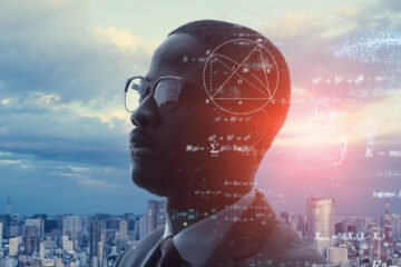 Double exposure image with a man thinking deeply overlaid with mathematical concepts and formulae. Background of a city with tall buildings.